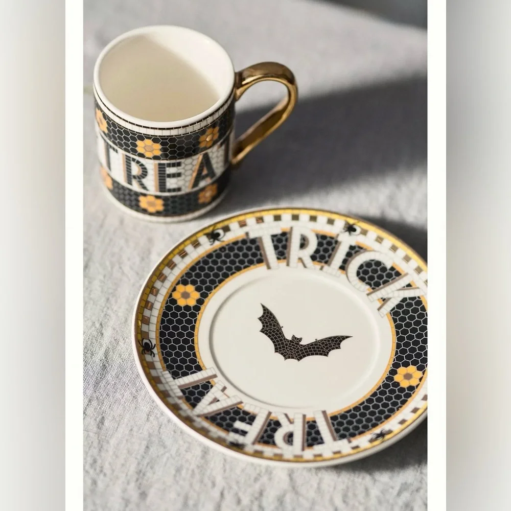 NEW Anthropologie The Bistro Tile Stoneware Espresso Cup: Halloween Edition